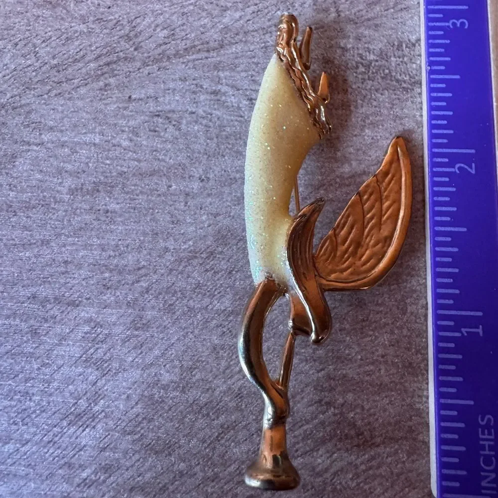 Vintage Trumpeting Angel Brooch Pin AAI Signed Glitter in Pearlescent